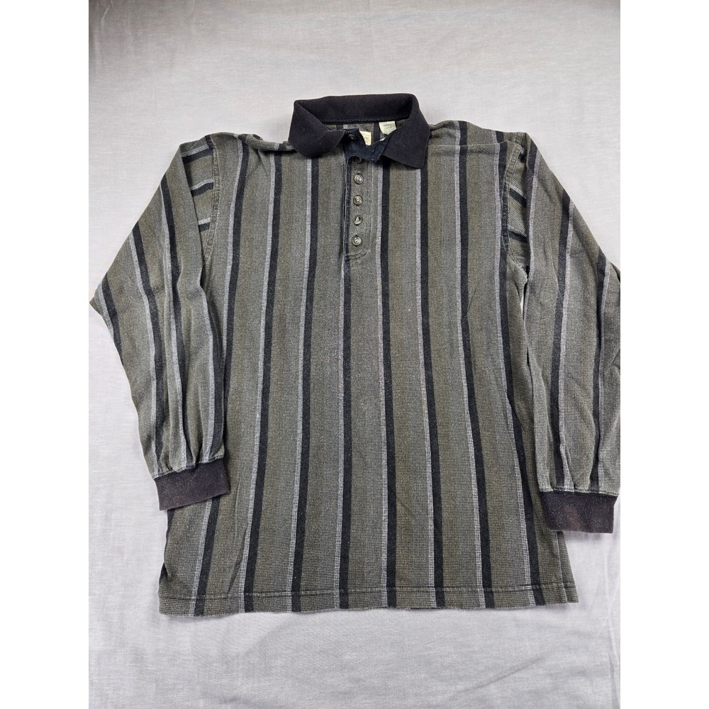 St Johns Bay Mens Long Sleeve Striped Polo Shirt Olive Gray Cotton Small - Picture 1 of 12